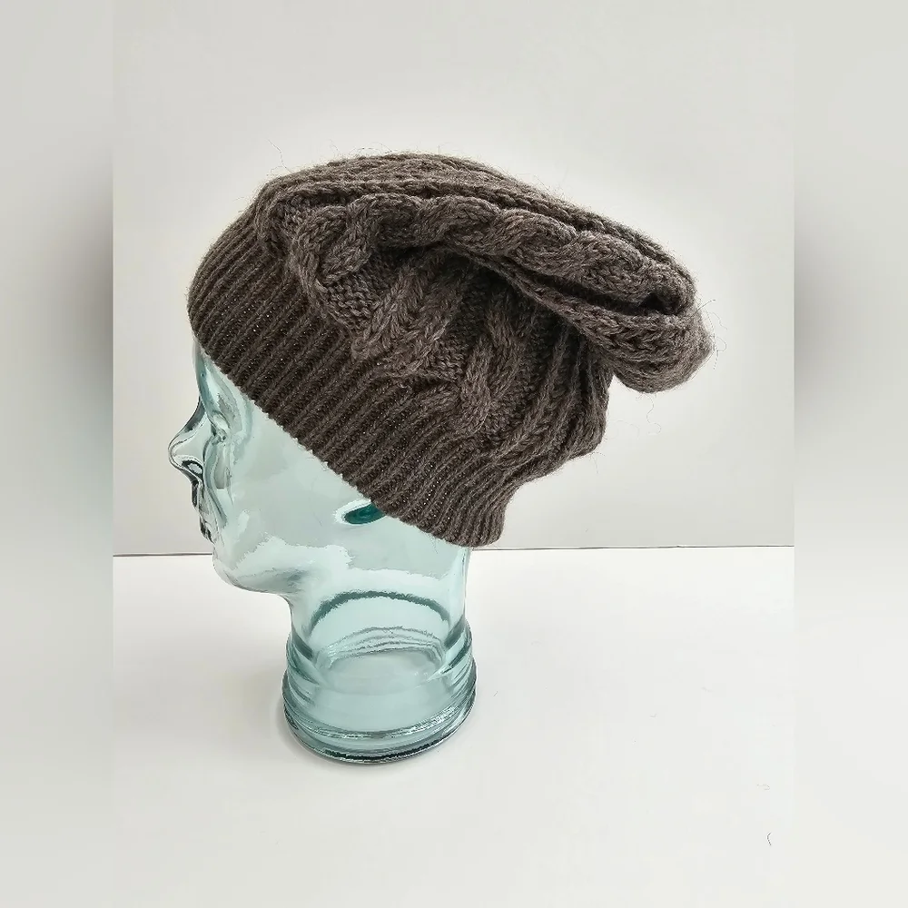 Made in Italy Mohair & Wool Blend Beanie – Cable Knit Slouchy Hat – Taupe Brown - Picture 3 of 5